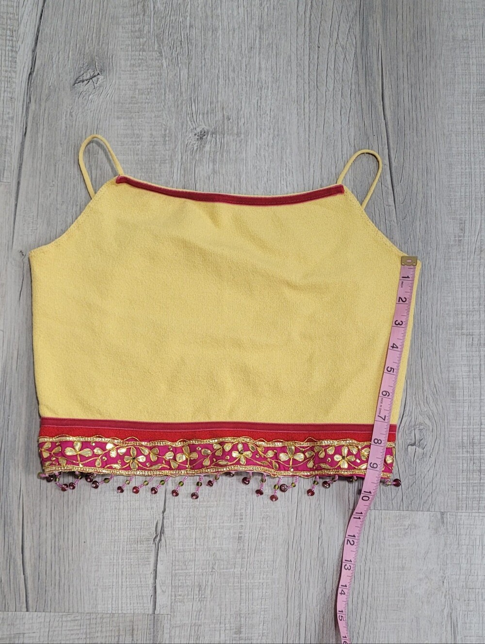 ​Vintage 90s Y2K Cache Yellow Beaded Fringe Open Back Cami Crop Top Large - Picture 12 of 13